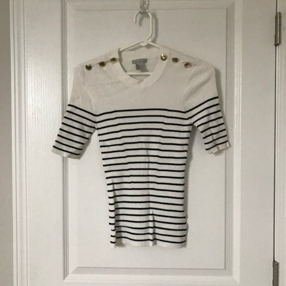 Fitted Ivory & Black Striped Sweater with Gold Buttons by H & M - Picture 1 of 2